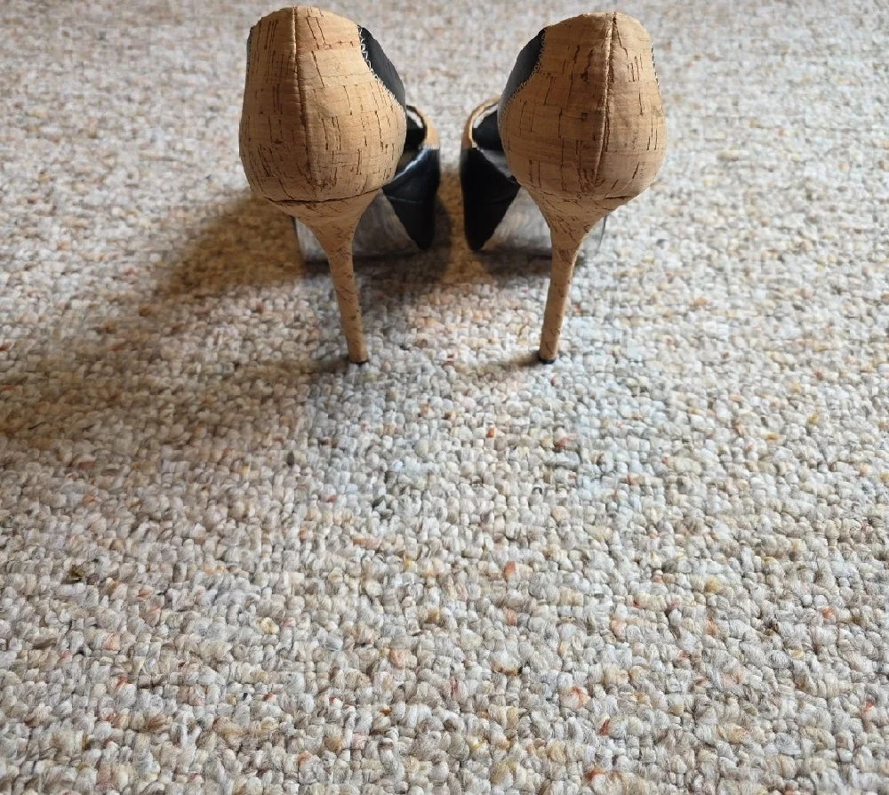 Bebe Black and Tan Open-Toe Heels - Picture 3 of 7